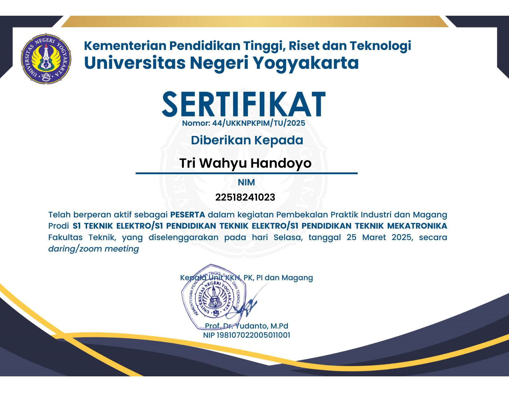 Sertifikat Pembekalan UNY